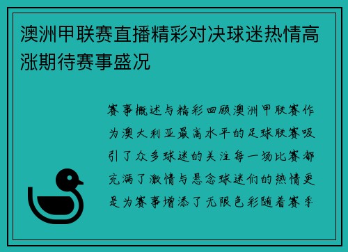 澳洲甲联赛直播精彩对决球迷热情高涨期待赛事盛况