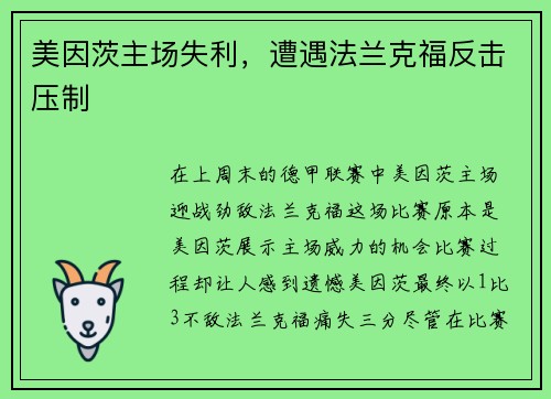 美因茨主场失利，遭遇法兰克福反击压制